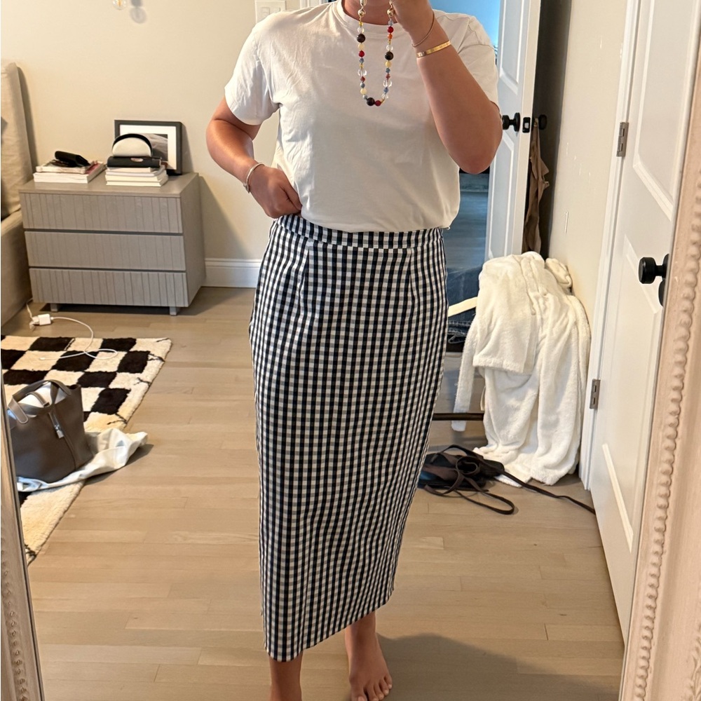 Wayf Blue and White Gingham Midi Pencil Skirt